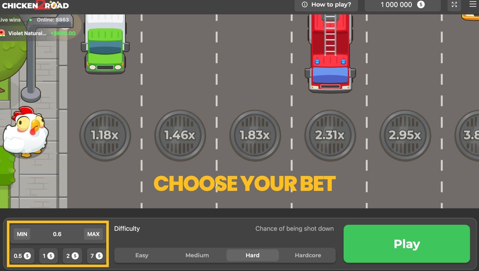 Passo 1 - Registrati e scegli la tua puntata iniziale - Chicken Road 2